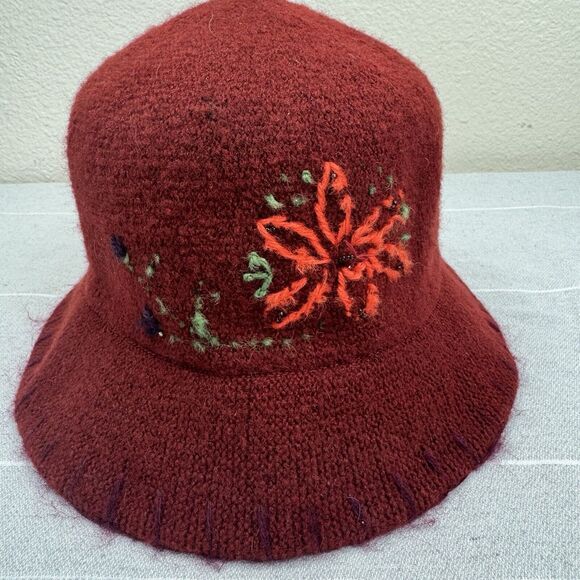 Vintage 90s Y2K Gap Wool Blend Floral Embroidered Boho Bucket Hat Maroon S/M - Picture 2 of 8